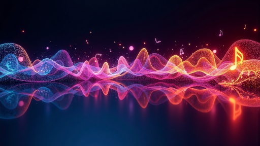 音乐节奏类游戏截图，彩色音符从上方下落，玩家触控区域，霓虹灯光效果，动感音乐可视化界面