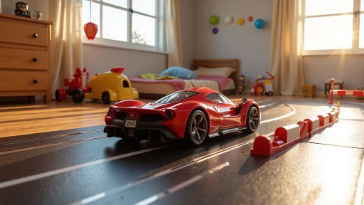 赛车竞速类游戏截图，俯视角赛道场景，多辆彩色小车在弯道行驶，动态模糊效果，鲜艳色彩搭配